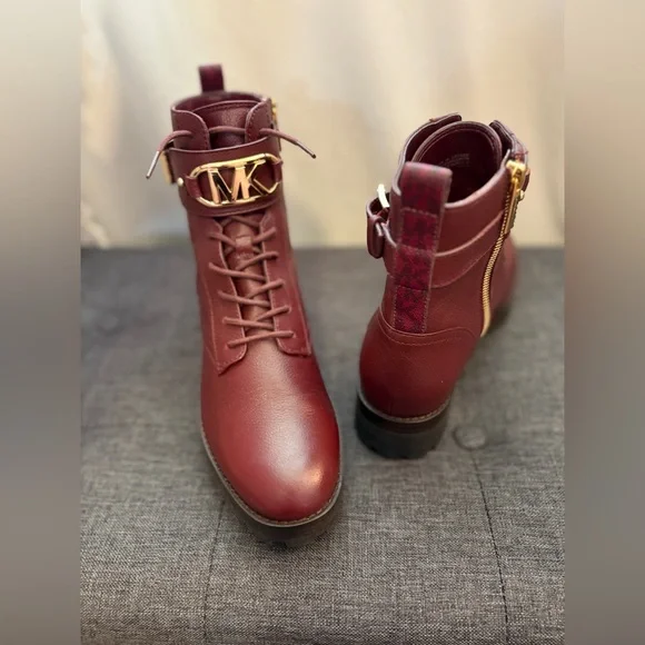 MICHAEL Michael Kors Kincaid Combat Boot Lace Up Bootie Merlot SZ8 - Picture 3 of 13